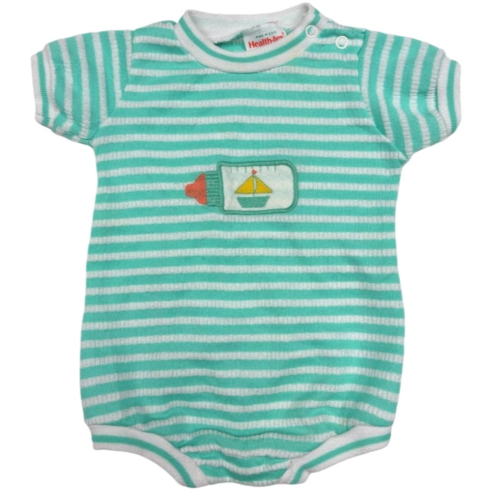 Vtg Health-Tex Baby 9 Mos Green White Stripe 1pc Romper Outfit Bottle Boat USA